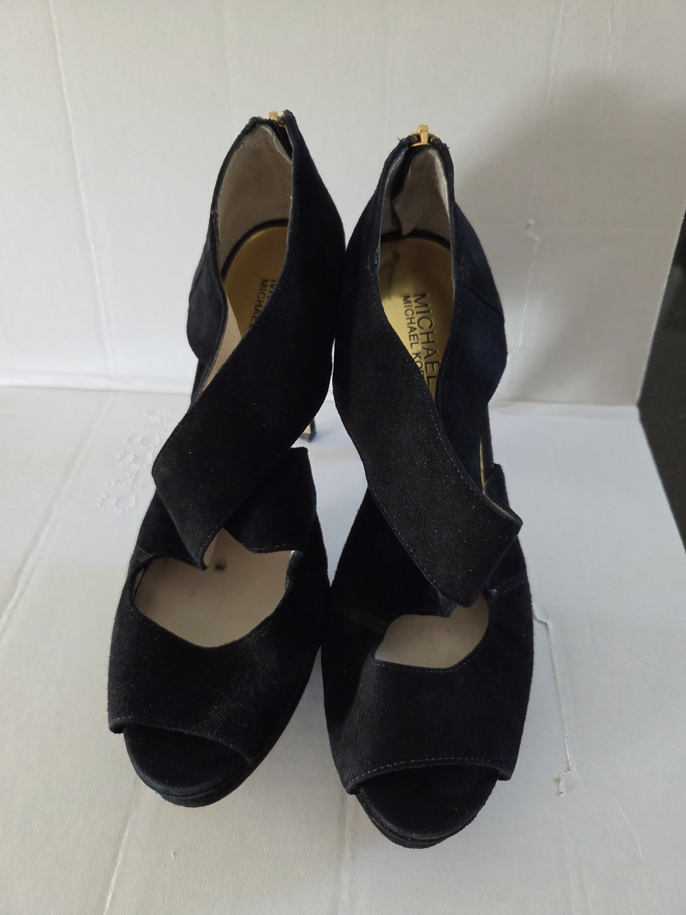 Michael Kors Black Suede Cross-Strap Peep-Toe Heels
